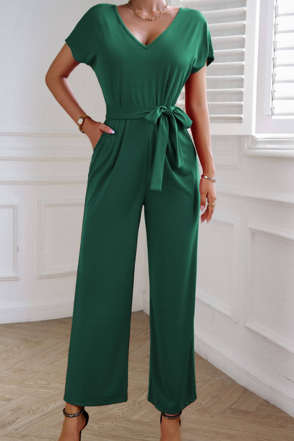 Tie Waist V-Neck Short Sleeve Jumpsuit  - Doll Fits