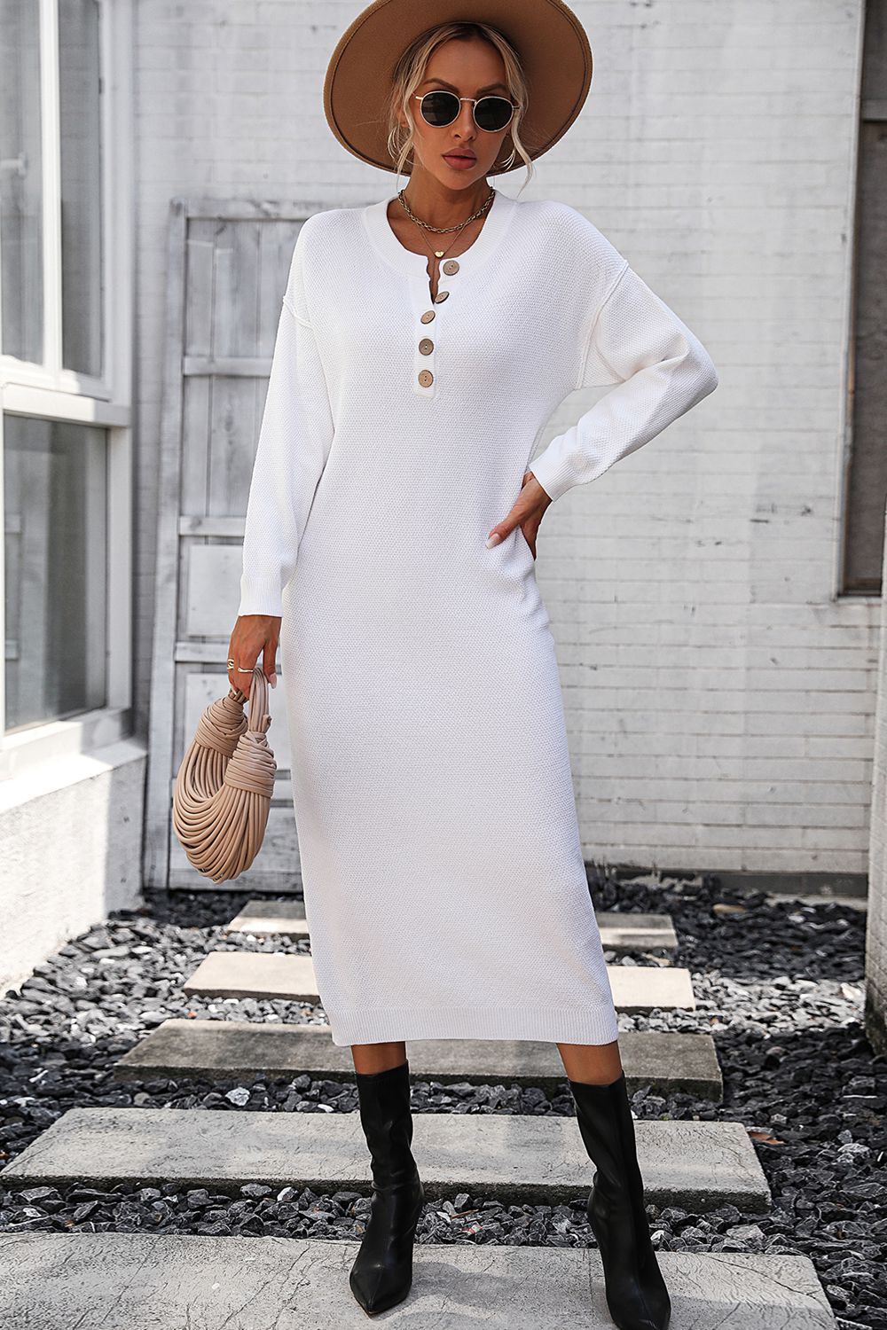 Notched Neck Dropped Shoulder Button-Down Midi Dress  Dresses- Doll Fits