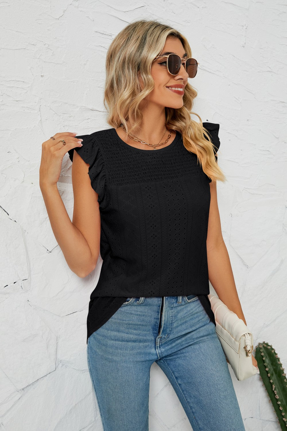 Smocked Round Neck Eyelet Top  Shirts & Tops- Doll Fits