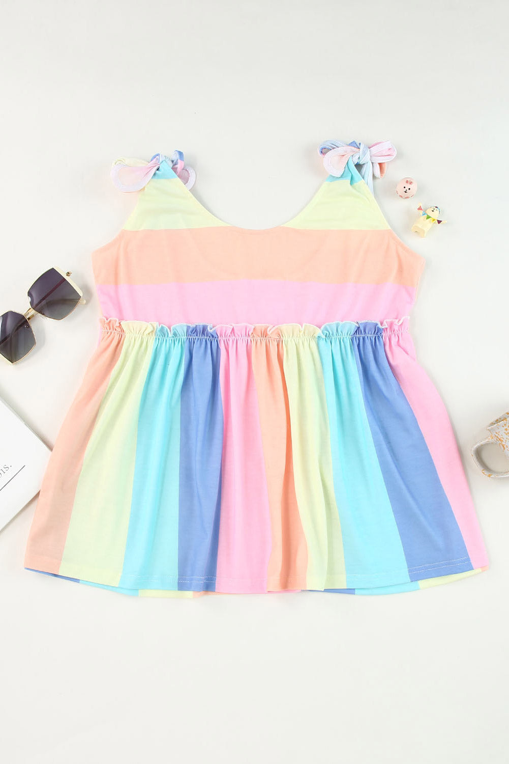 Striped Tie Shoulder Frill Trim Tank  Shirts & Tops- Doll Fits