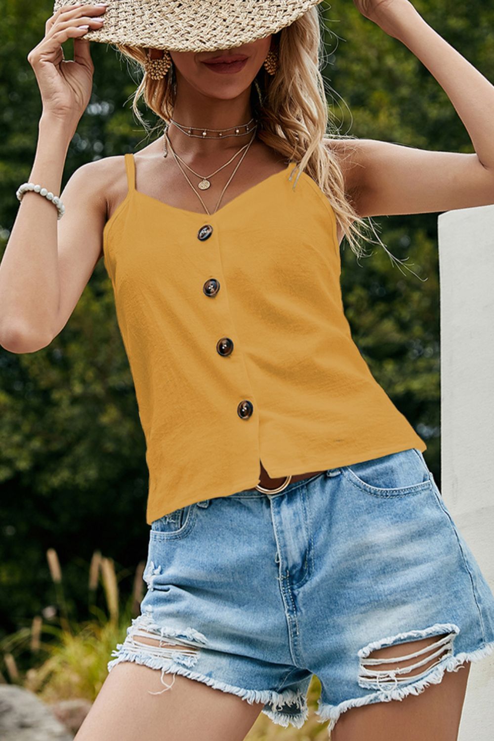 Buttoned V-Neck Spaghetti Strap Cami  Shirts & Tops- Doll Fits