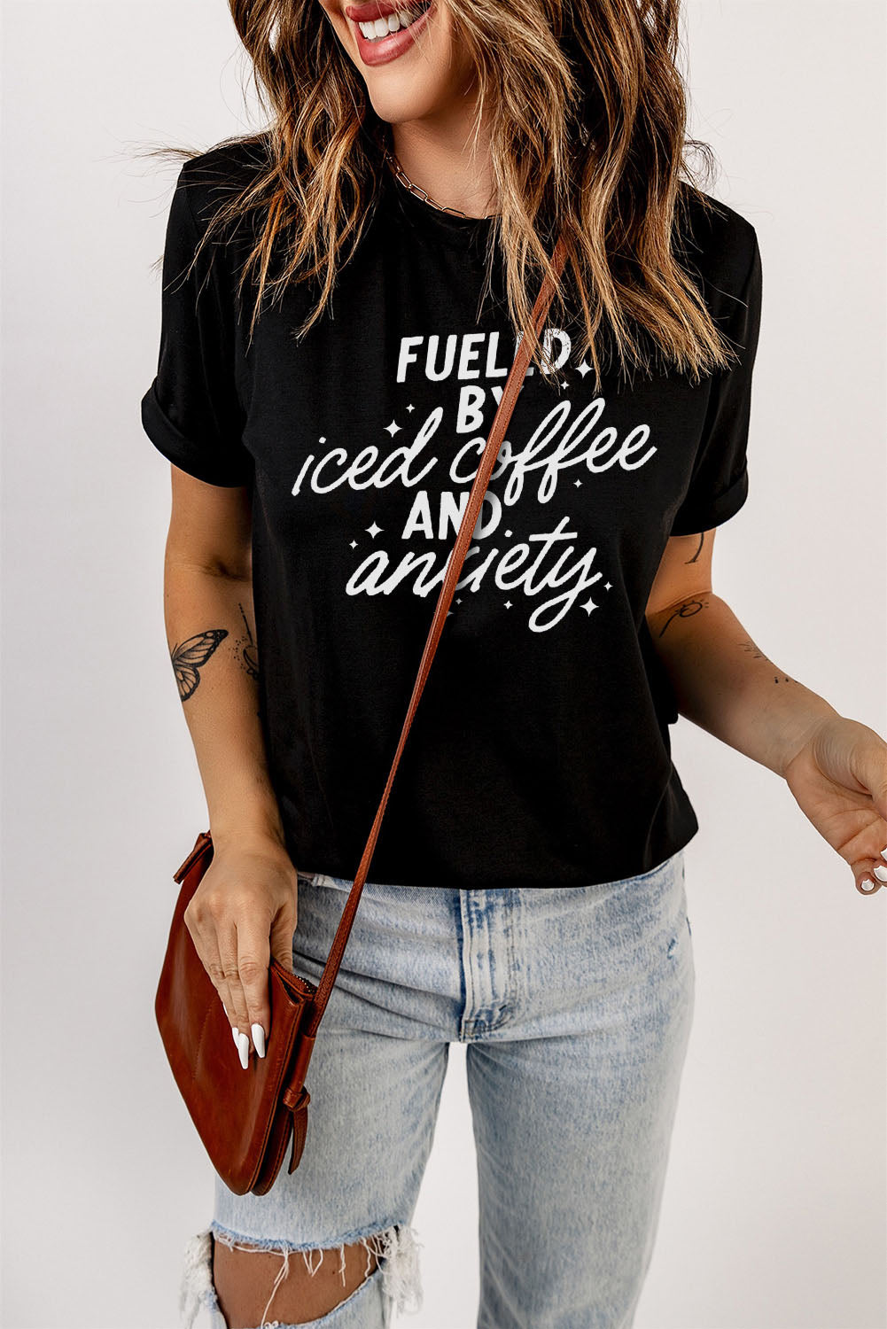 FUELED BY ICED COFFEE AND ANXIETY Graphic Tee  Shirts & Tops- Doll Fits