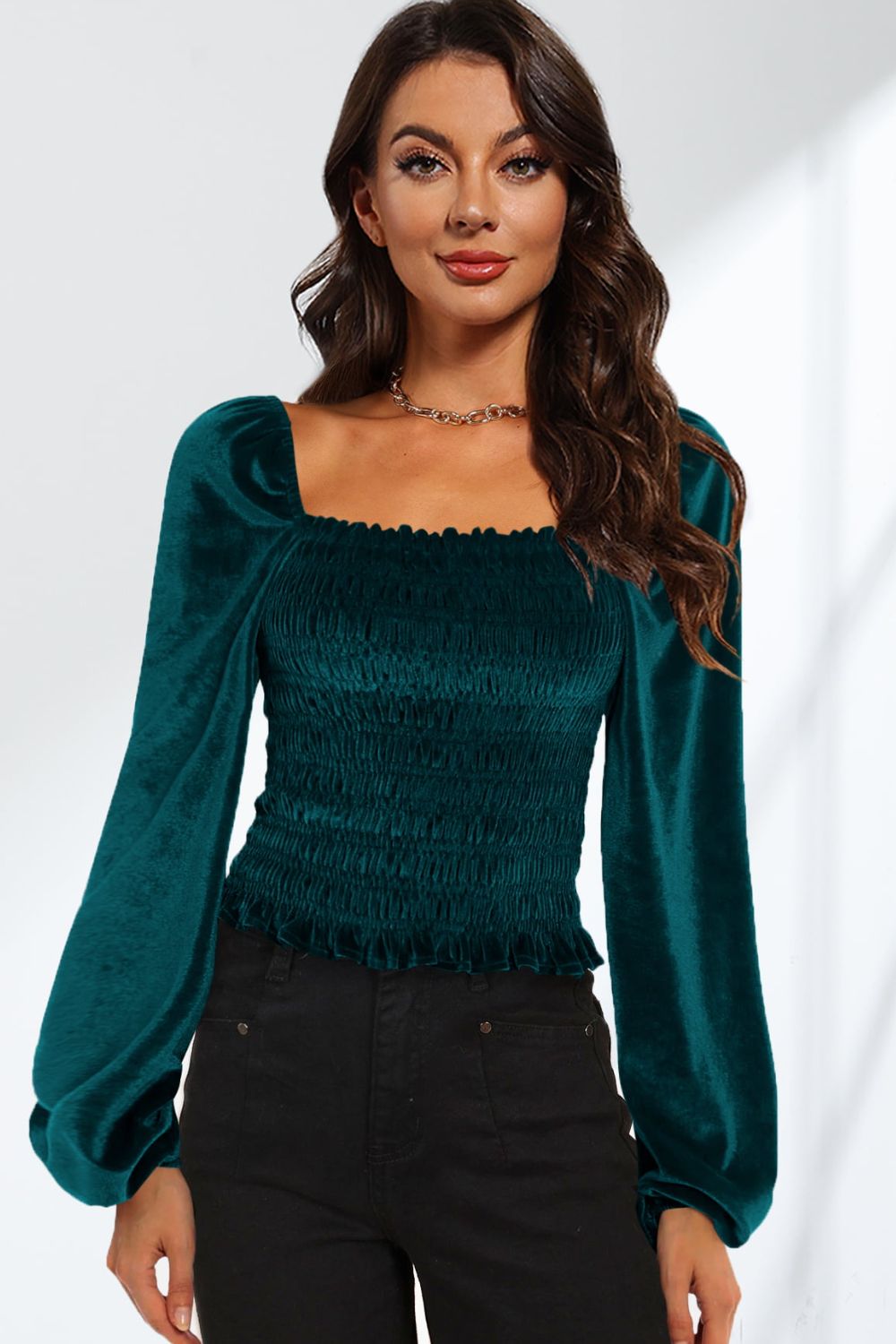 Double Take Smocked Square Neck Long Sleeve Blouse  - Doll Fits