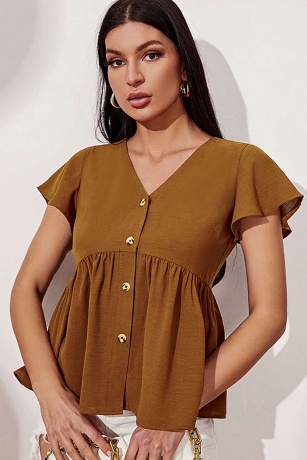 Button Front Flutter Sleeve Babydoll Blouse  Shirts & Tops- Doll Fits
