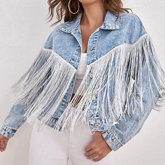 Fringe Detail Collared Neck Long Sleeve Denim Jacket  - Doll Fits