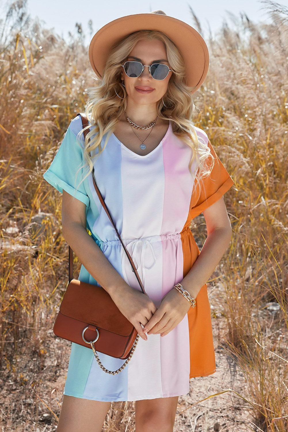 Multicolored Drawstring Waist V-Neck Dress  Dresses- Doll Fits