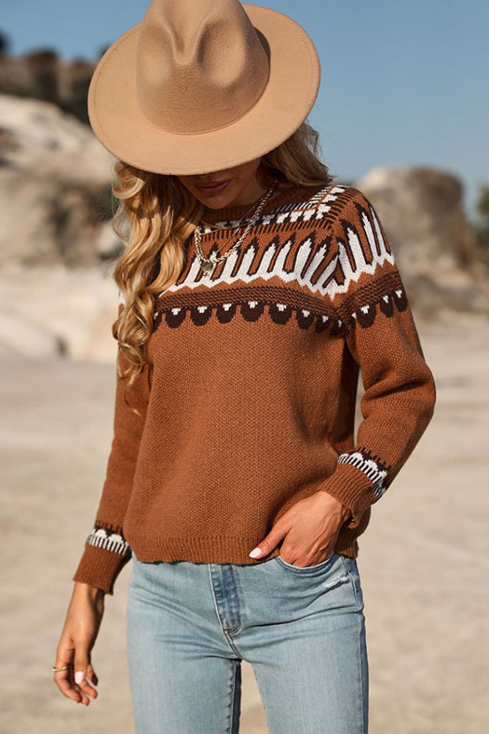 Sweet and Casual Patterned Round Neck Sweater  Shirts & Tops- Doll Fits