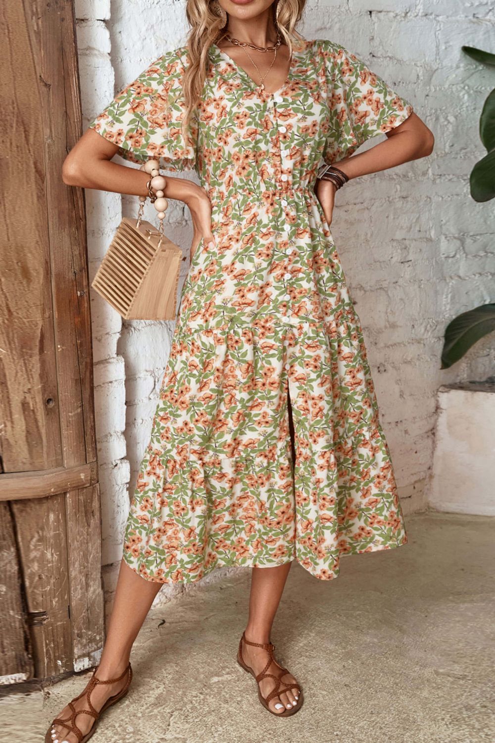 Floral V-Neck Front Slit Dress  Dresses- Doll Fits