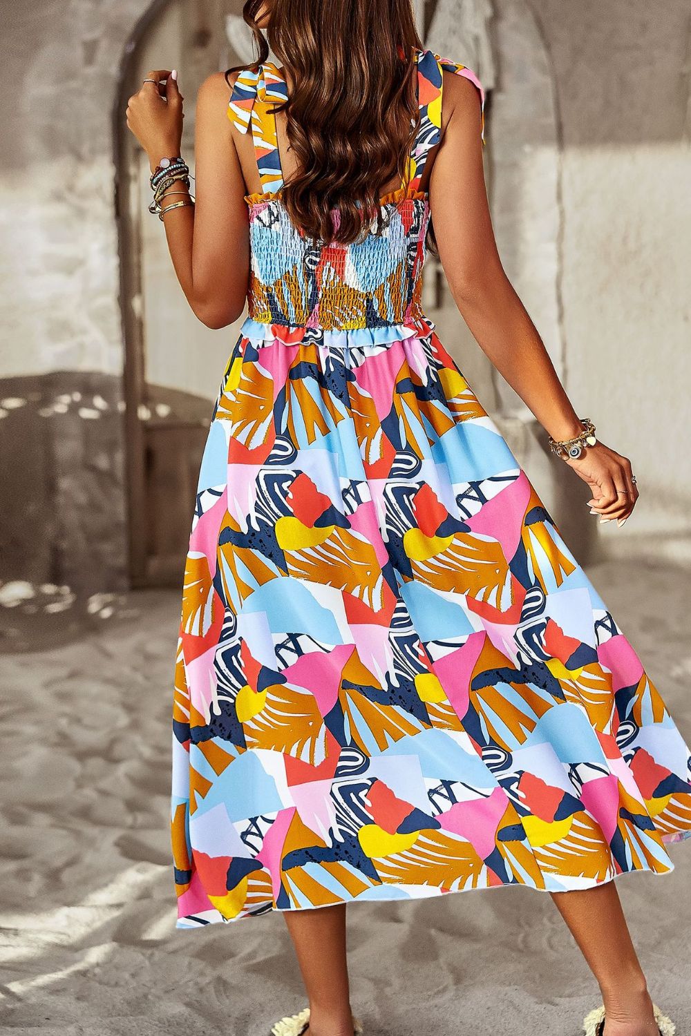 Printed Smocked Tie Shoulder Dress  Dresses- Doll Fits