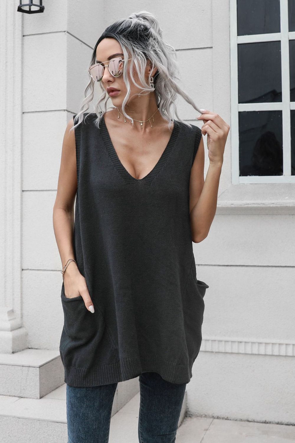 V-Neck Sleeveless Sweater Vest with Pocket  - Doll Fits