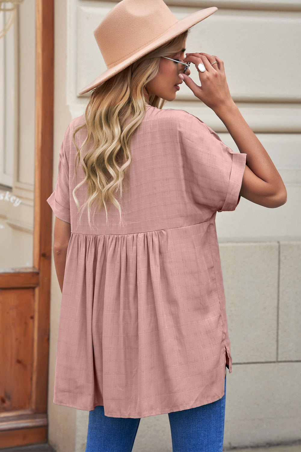 Notched Side Slit Cuffed Blouse  Shirts & Tops- Doll Fits