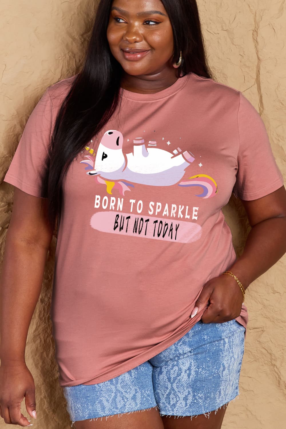 Simply Love Full Size BORN TO SPARKLE BUT NOT TODAY Graphic Cotton Tee  - Doll Fits