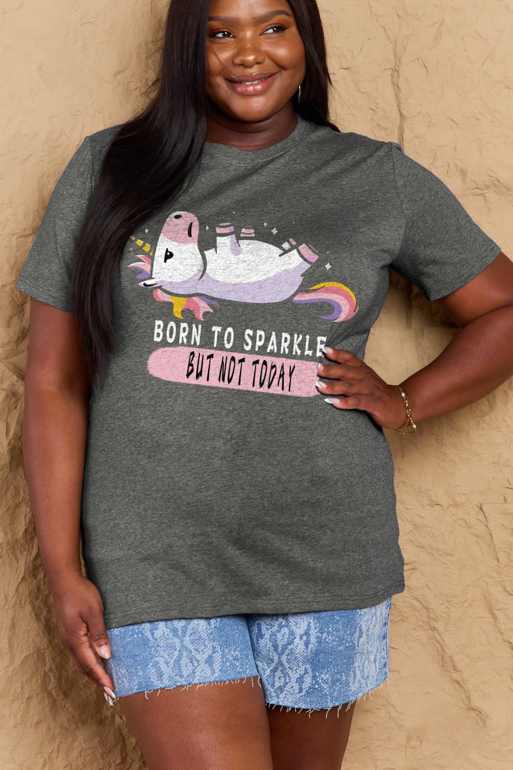 Simply Love Full Size BORN TO SPARKLE BUT NOT TODAY Graphic Cotton Tee  - Doll Fits