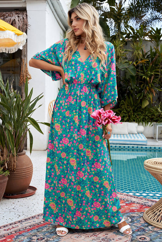 Floral Three-Quarter Sleeve V-Neck Dress  Dresses- Doll Fits