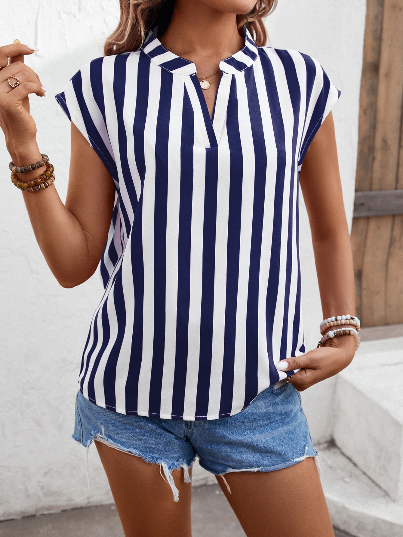 Striped Notched Neck Cap Sleeve Blouse  Shirts & Tops- Doll Fits