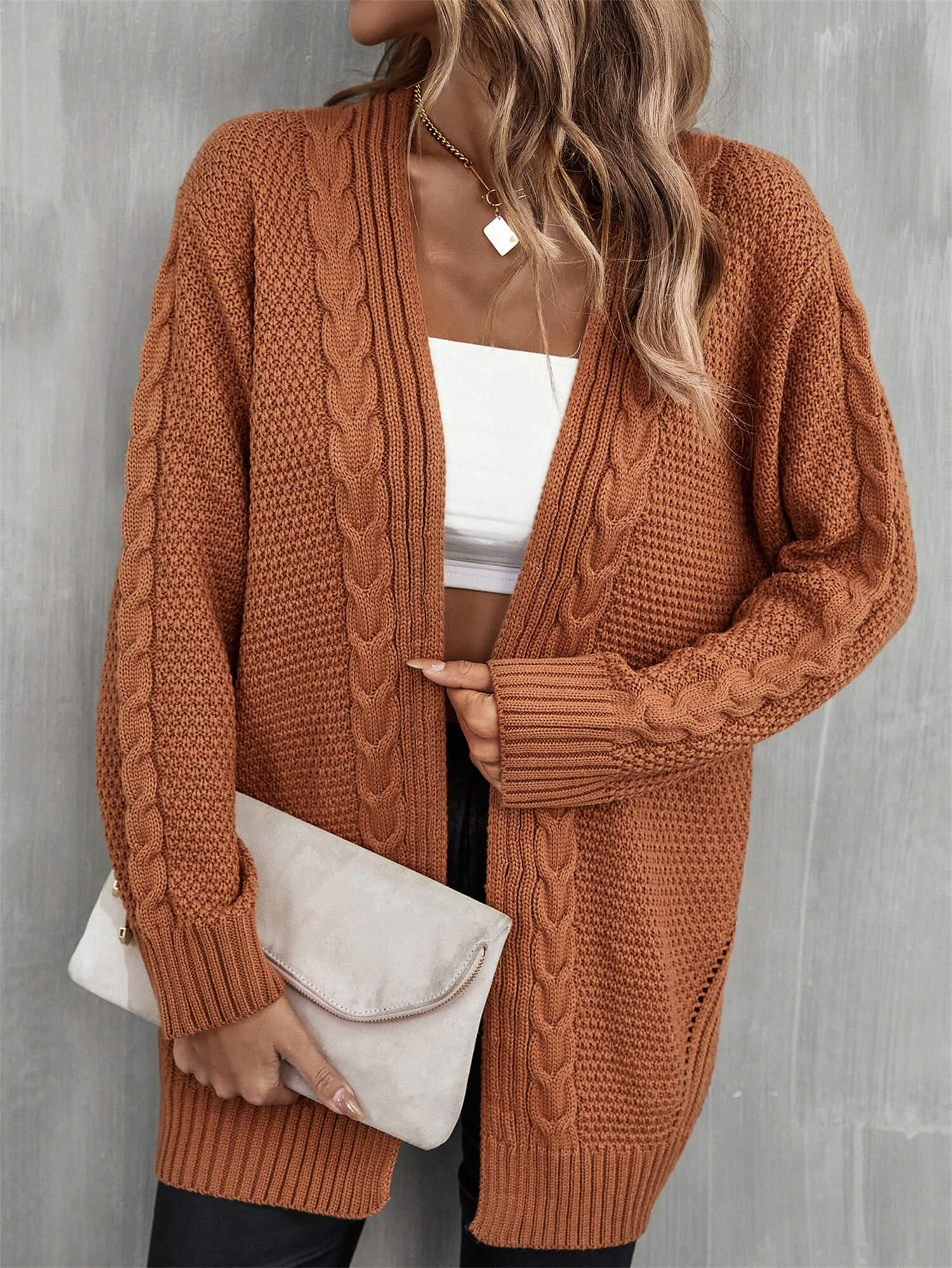 Warm Fall Mixed Knit Open Front Longline Cardigan  Coats & Jackets- Doll Fits