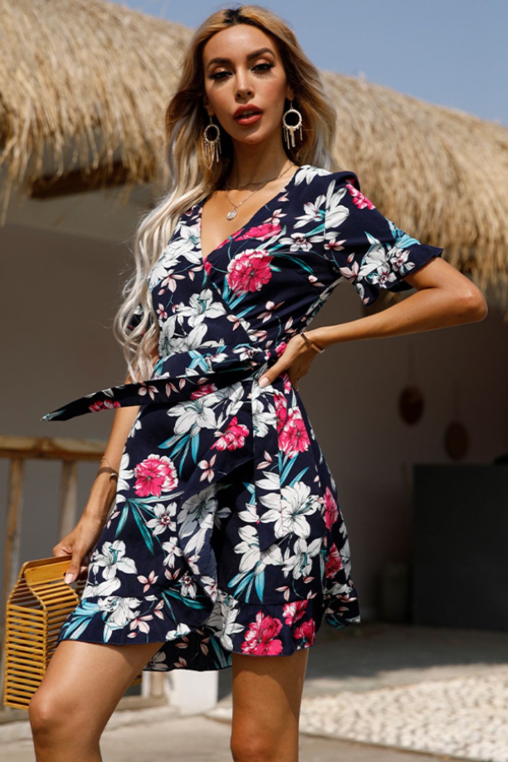 Floral Tied Flounce Sleeve Surplice Dress  Dresses- Doll Fits