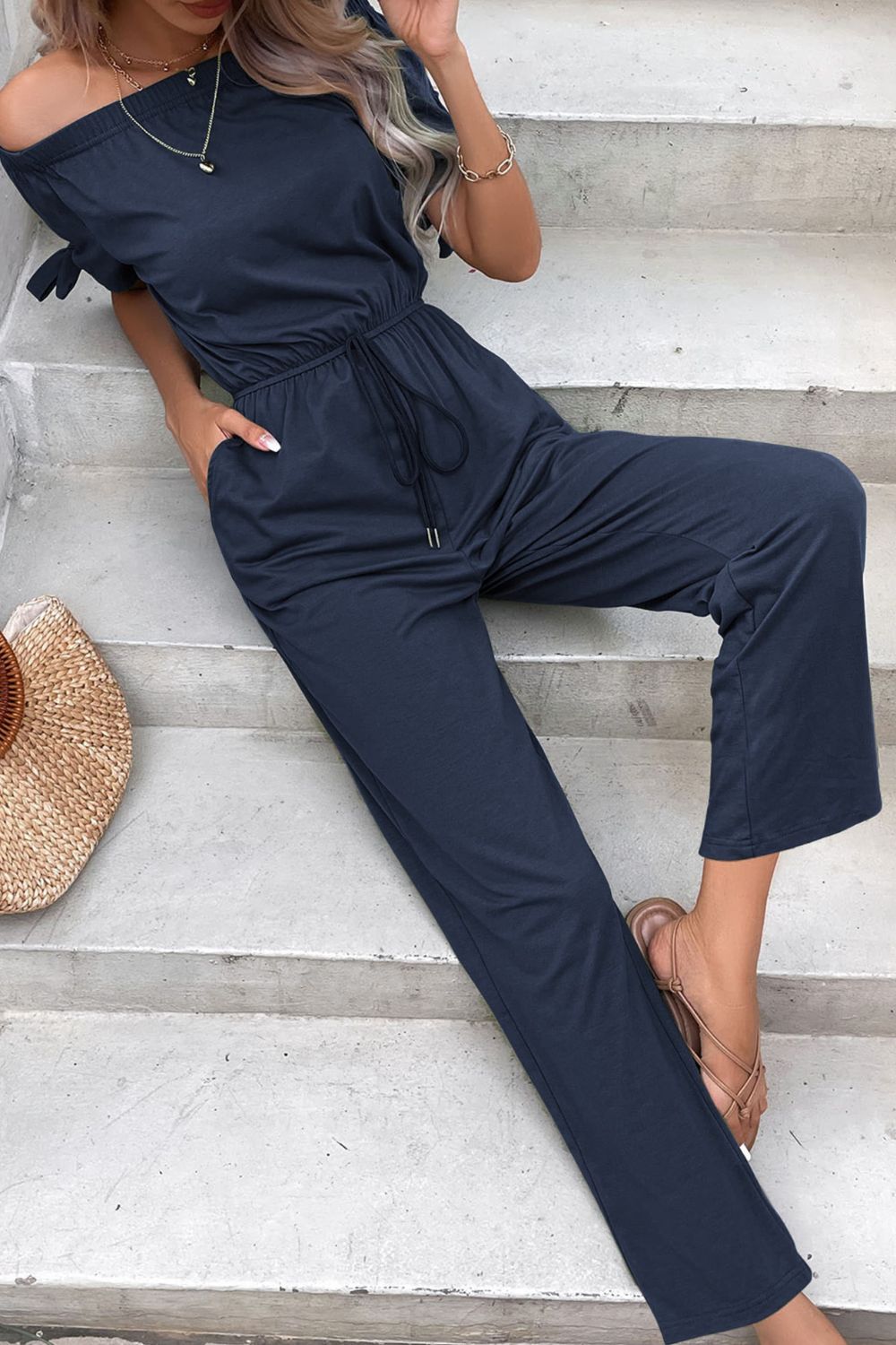 Off-Shoulder Tie Cuff Jumpsuit with Pockets  Jumpsuits & Rompers- Doll Fits