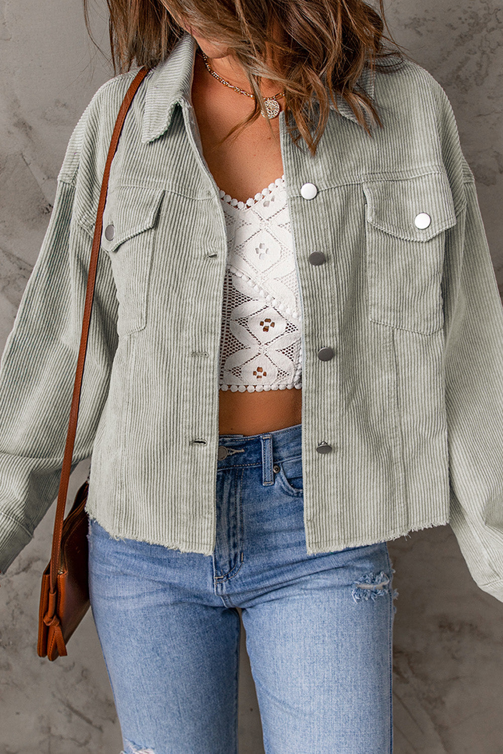Raw Hem Button Down Corduroy Jacket with Pockets  Coats & Jackets- Doll Fits