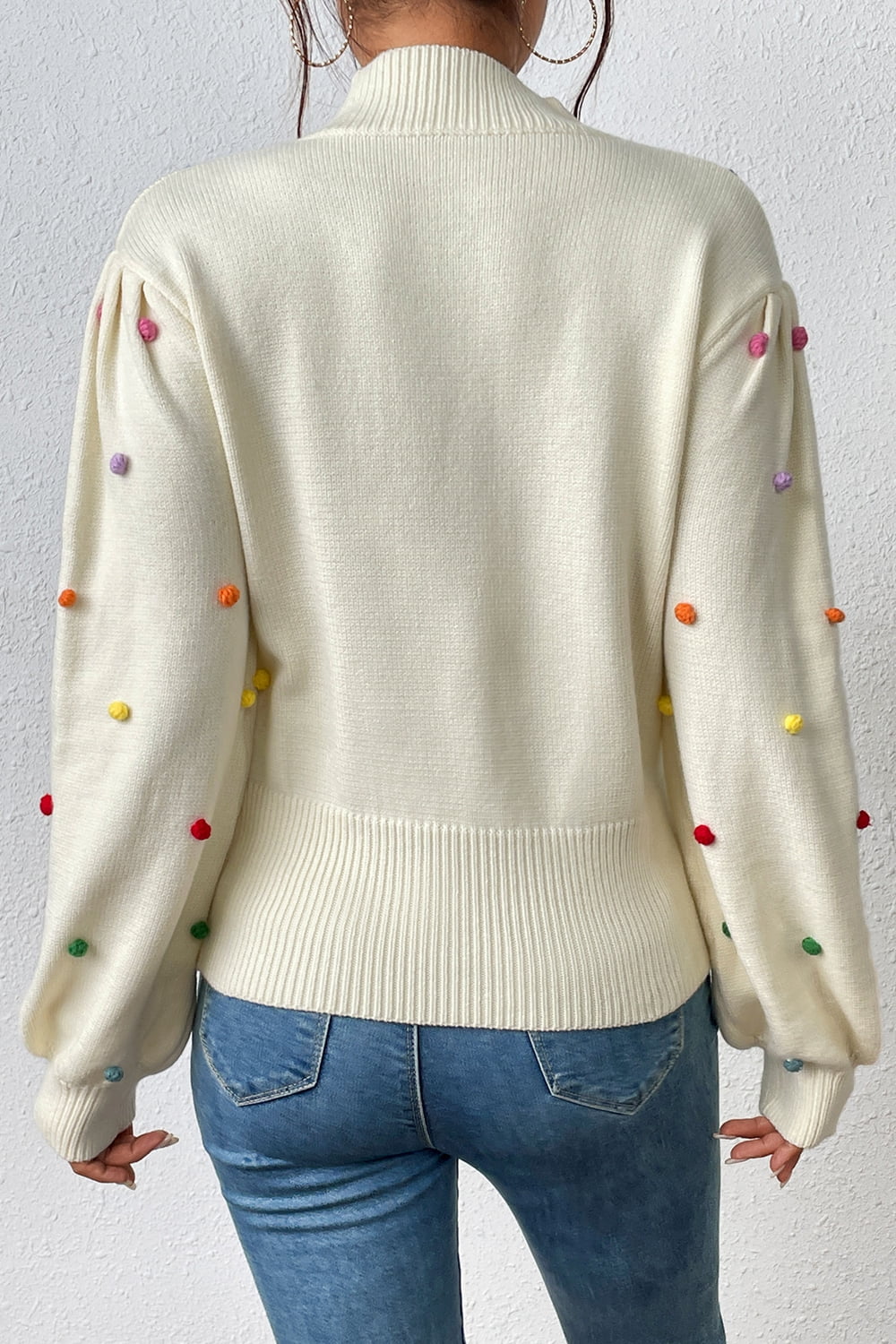 Pom-Pom Trim Mock Neck Long Sleeve Pullover Sweater  - Doll Fits