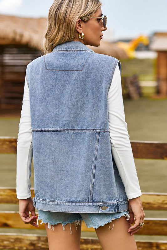Sleeveless Collared Neck Denim Top with Pockets  Shirts & Tops- Doll Fits