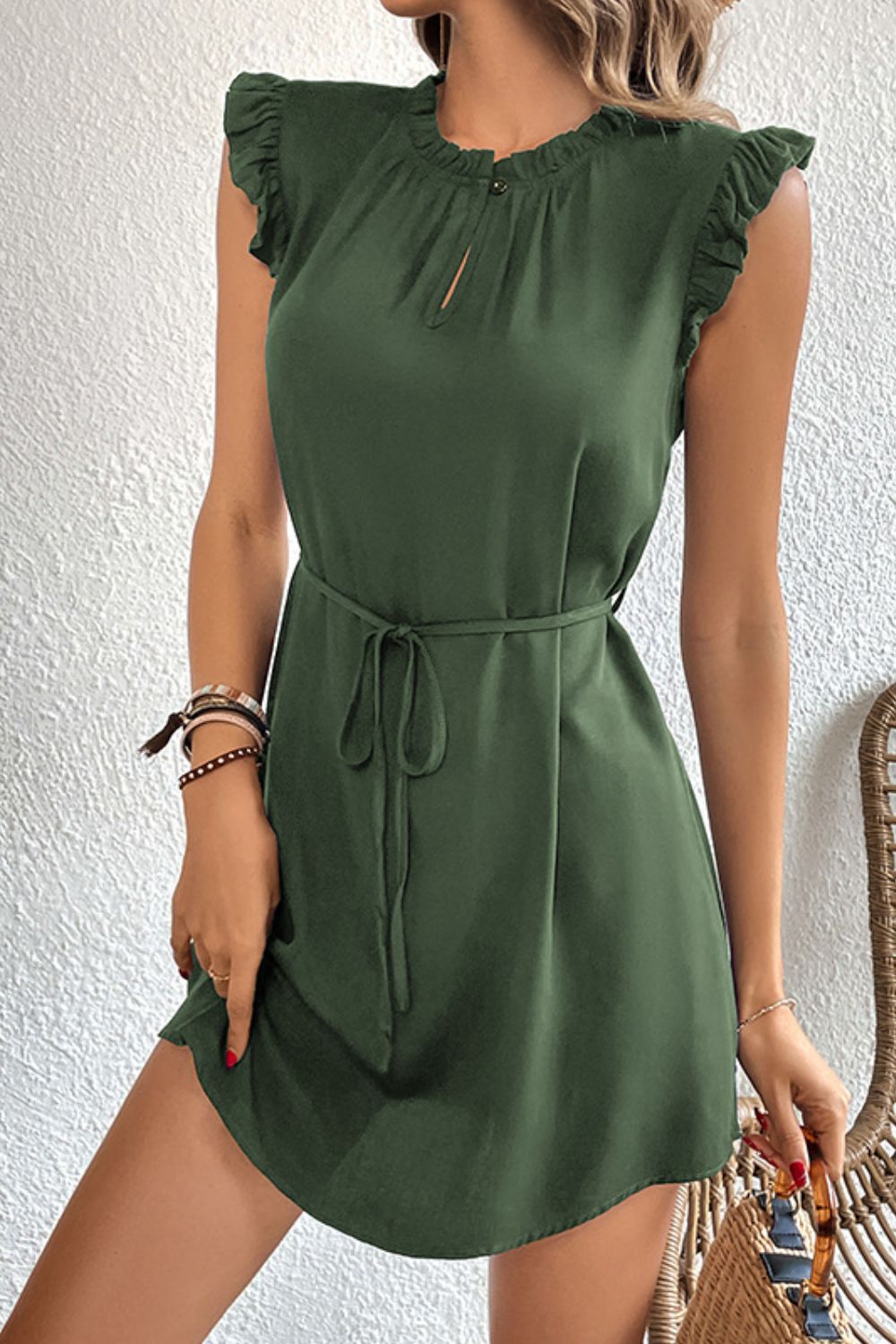 Ruffled Tie-Waist Keyhole Dress  Dresses- Doll Fits