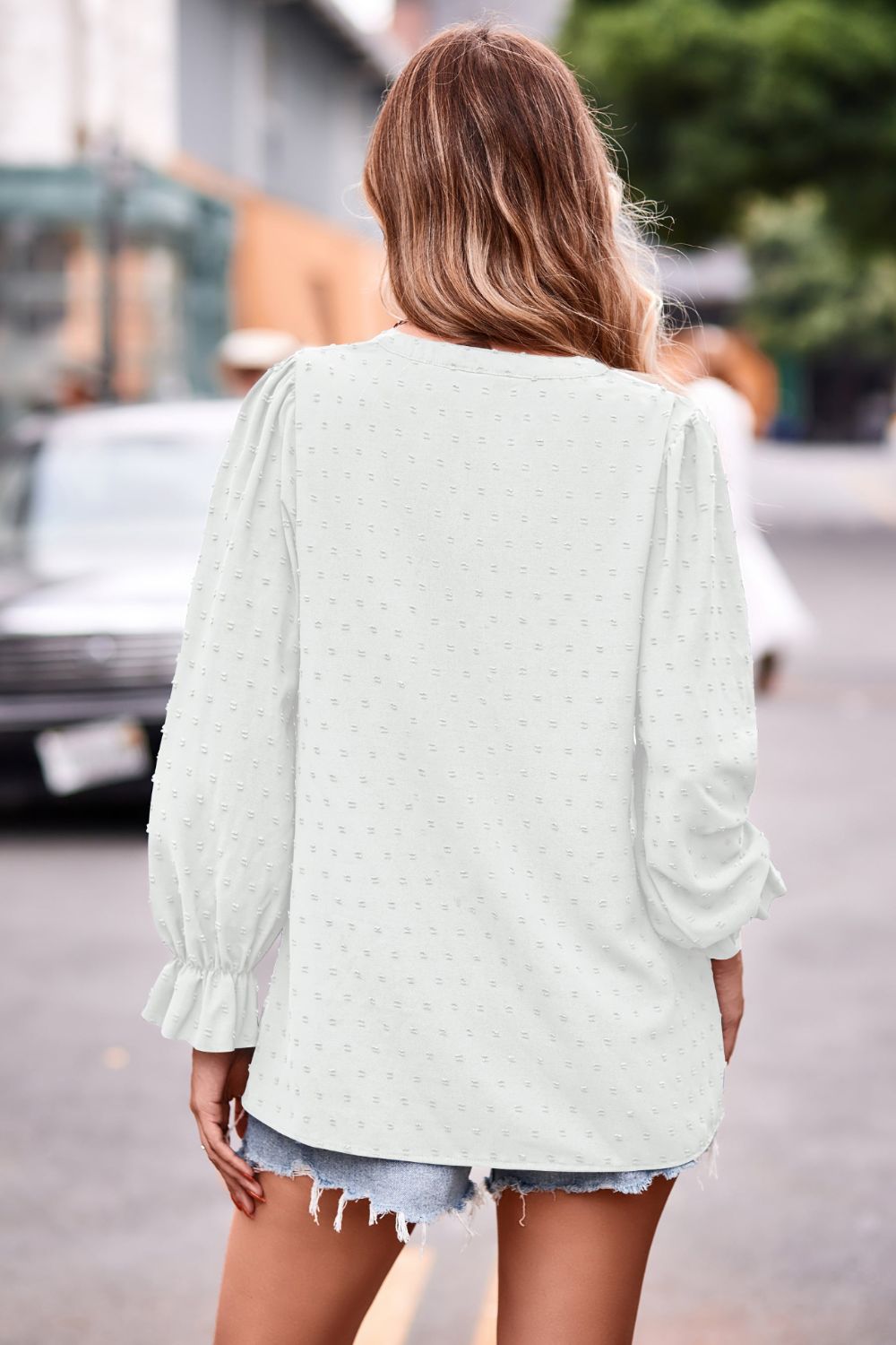 Swiss Dot Notched Neck Flounce Sleeve Blouse  - Doll Fits