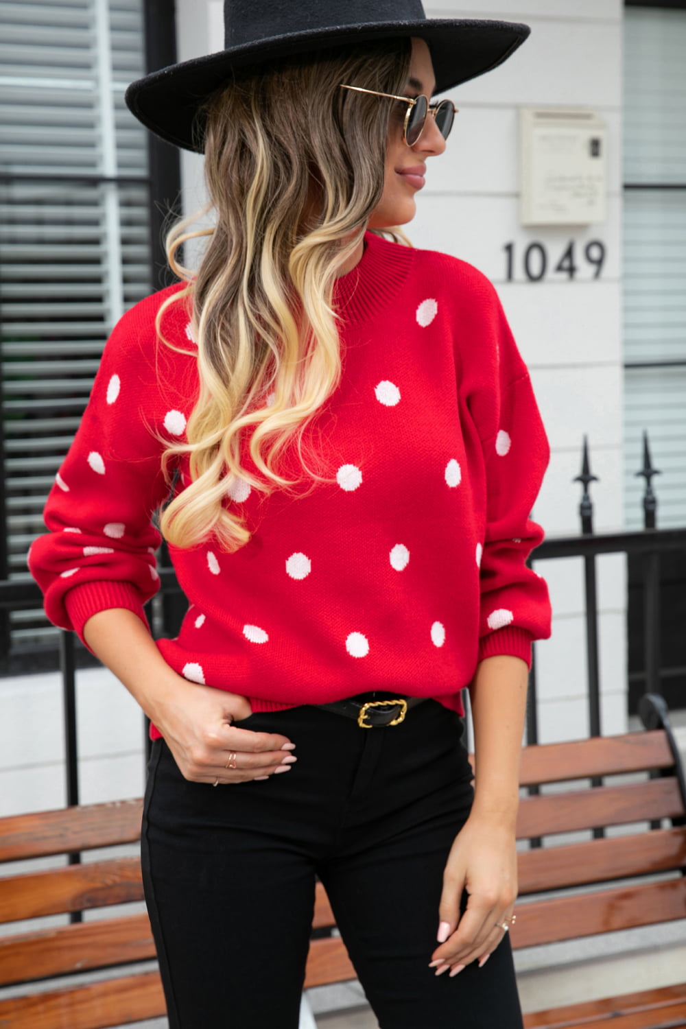 Woven Right Polka Dot Round Neck Dropped Shoulder Sweater  - Doll Fits