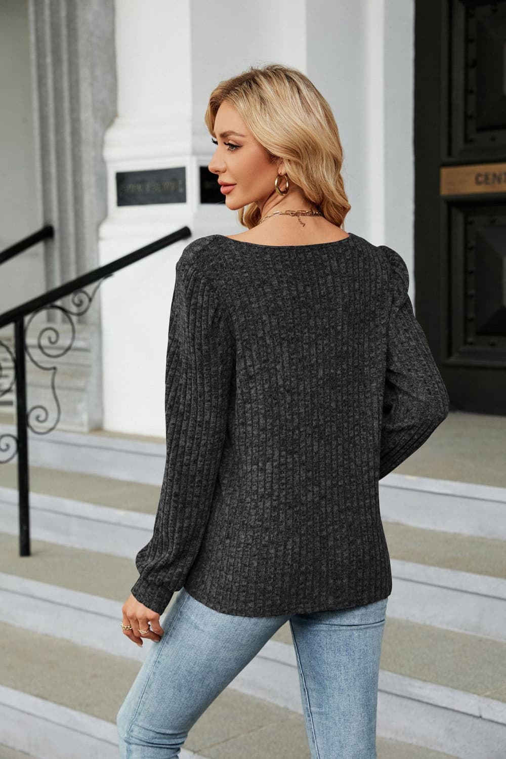 Ribbed Square Neck Long Sleeve T-Shirt  - Doll Fits