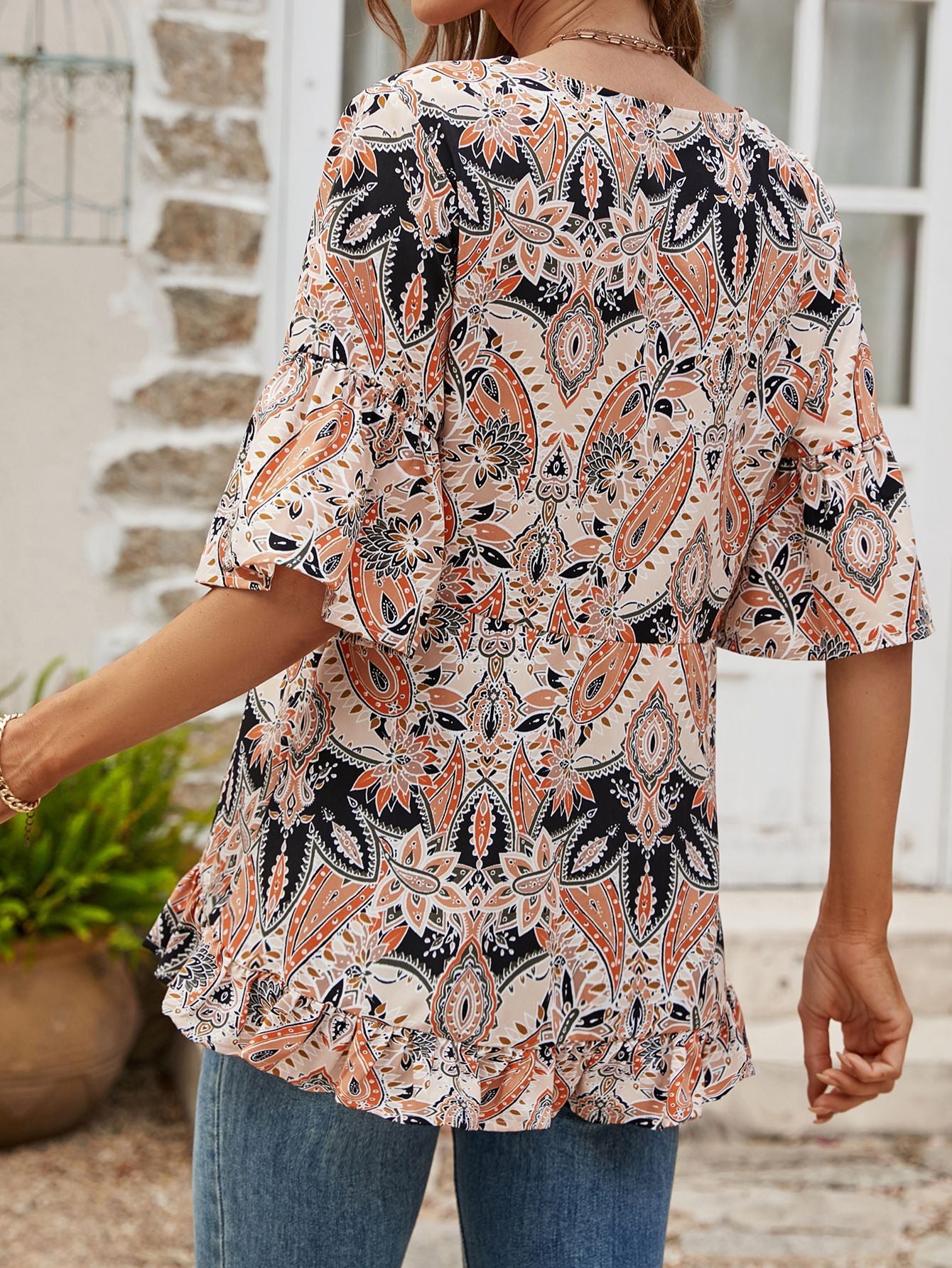 Printed Flounce Sleeve Ruffle Hem Blouse  Shirts & Tops- Doll Fits