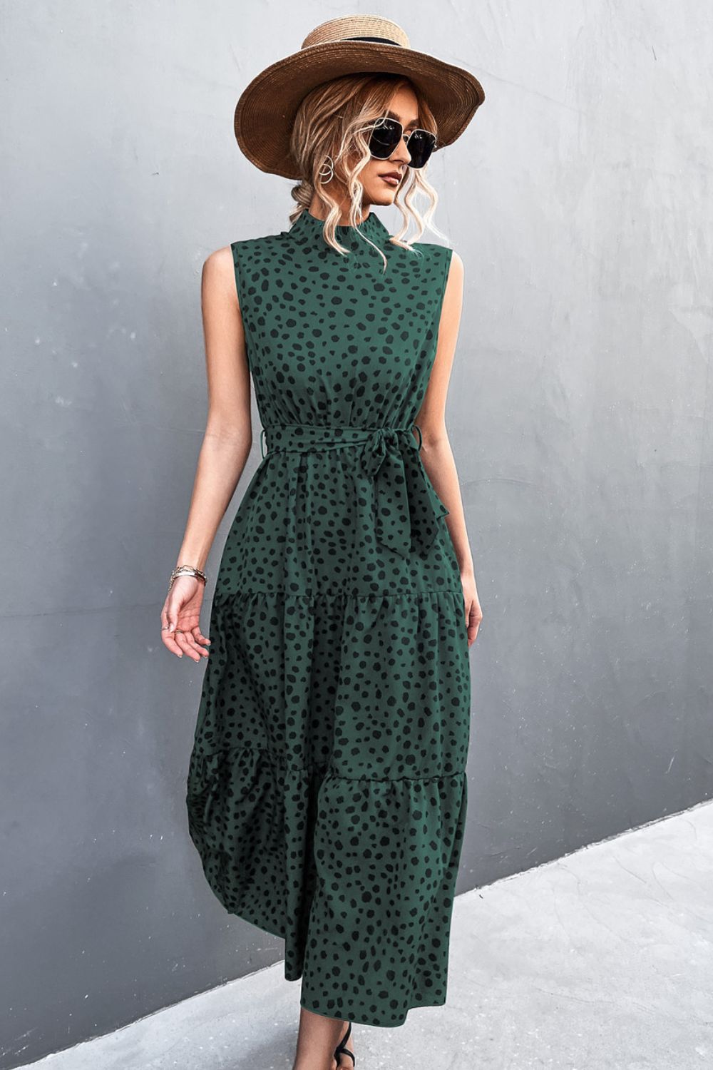 Printed Mock Neck Sleeveless Belted Tiered Dress  Dresses- Doll Fits
