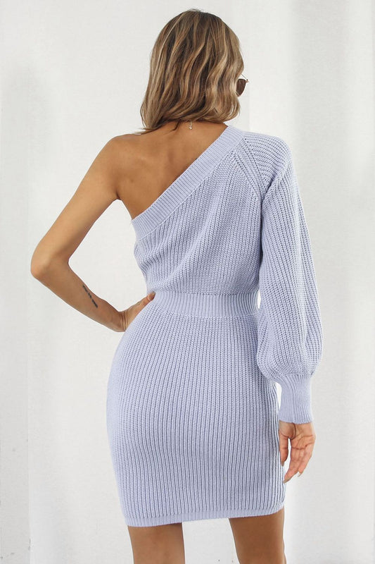 One Shoulder Raglan Sleeve Pencil Sweater Dress  Dresses- Doll Fits