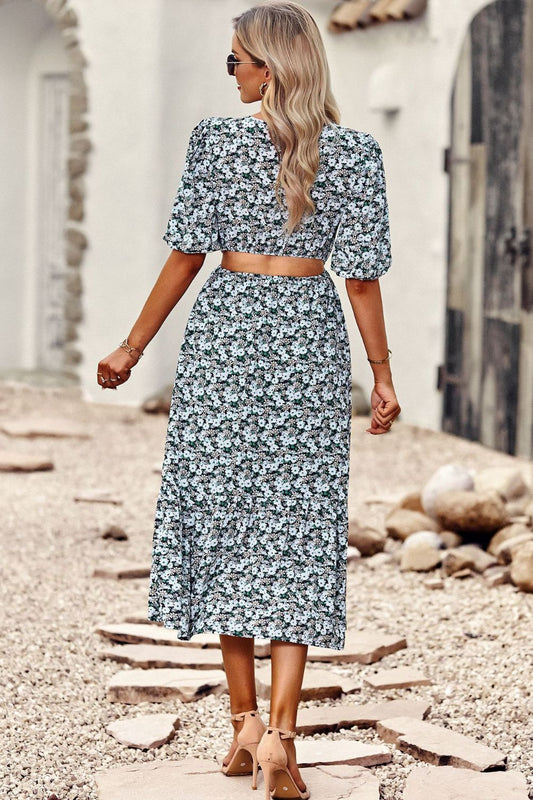 Floral Cutout Puff Sleeve Midi Dress  Dresses- Doll Fits