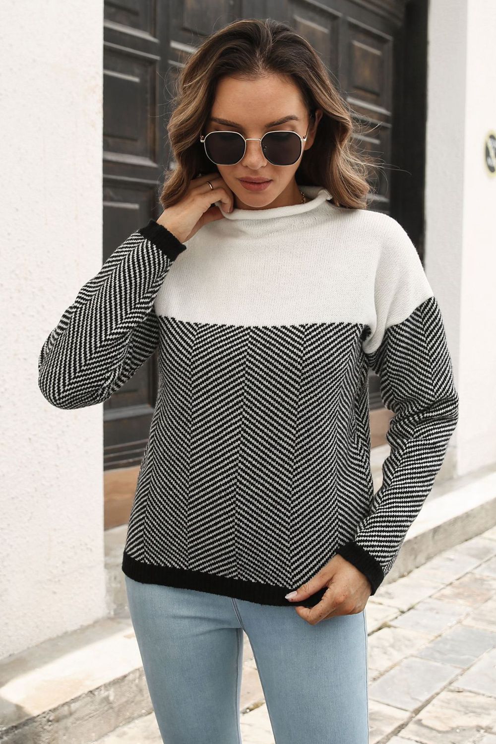 Two-Tone Mock Neck Dropped Shoulder Pullover Sweater  - Doll Fits