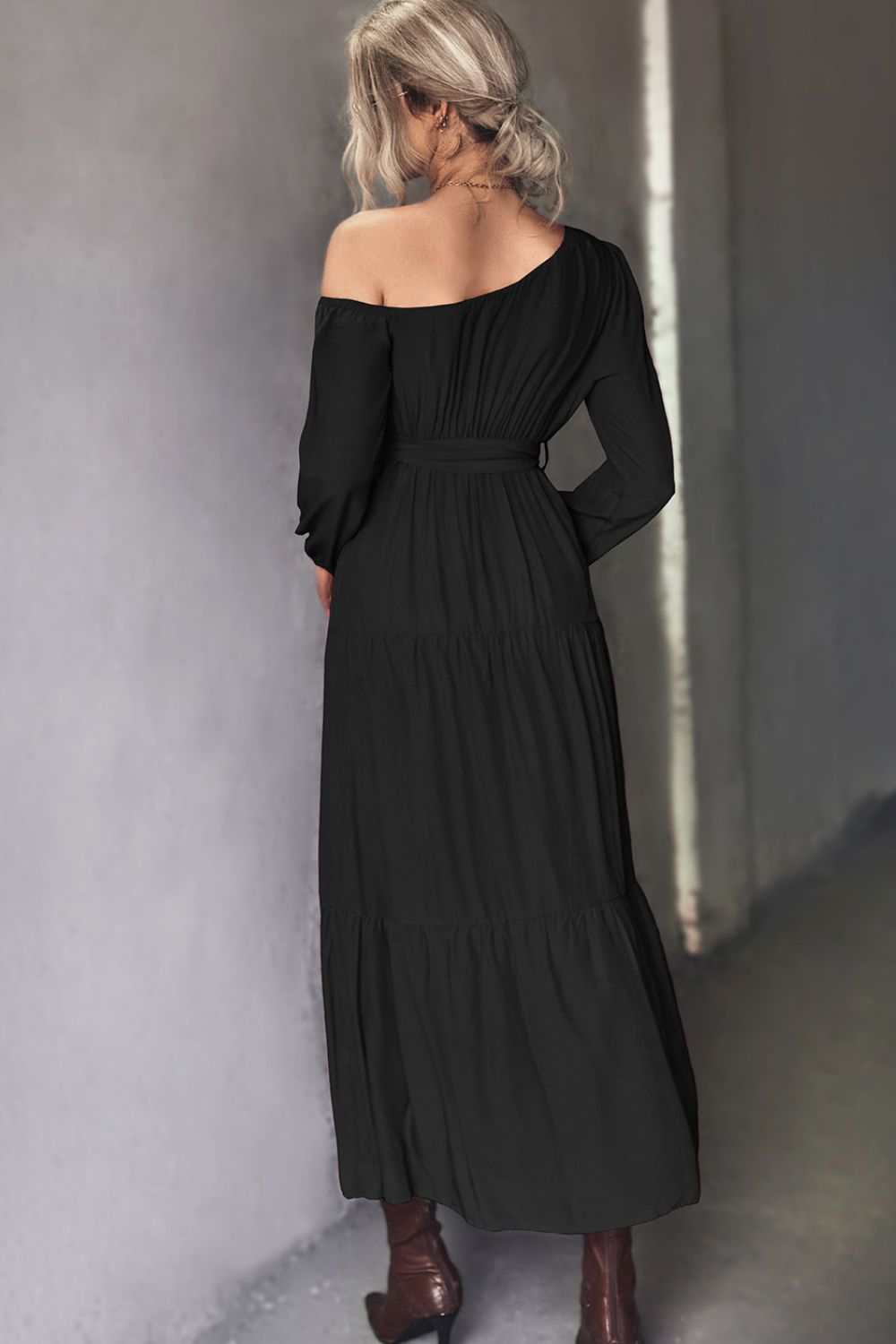 Belted One-Shoulder Tiered Maxi Dress  Dresses- Doll Fits
