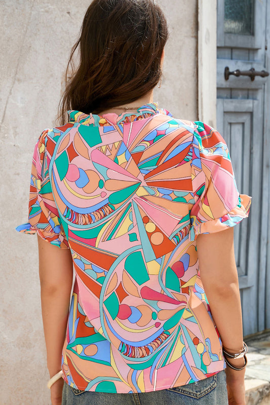 Multicolored Frill Trim V-Neck Flounce Sleeve Blouse  Shirts & Tops- Doll Fits