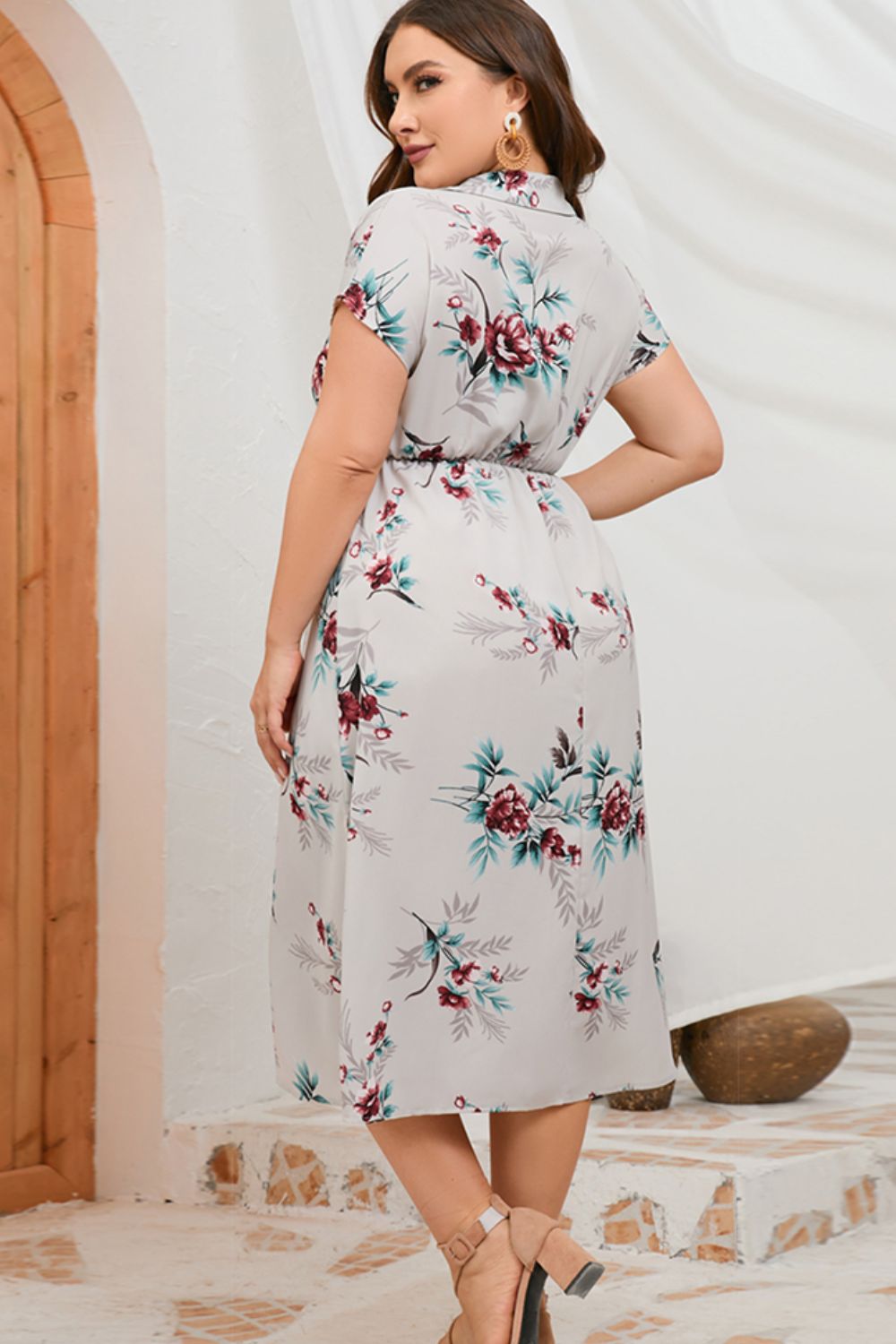 Plus Size Floral Johnny Collar Short Sleeve Dress  Dresses- Doll Fits