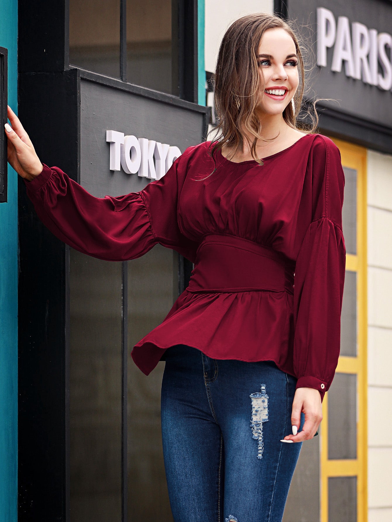 Exposed Seams Round Neck Dropped Shoulder Blouse  - Doll Fits
