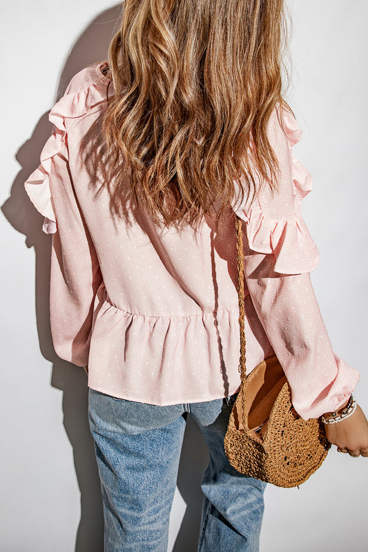 Printed Tie-Neck Ruffled Peplum Blouse  Shirts & Tops- Doll Fits