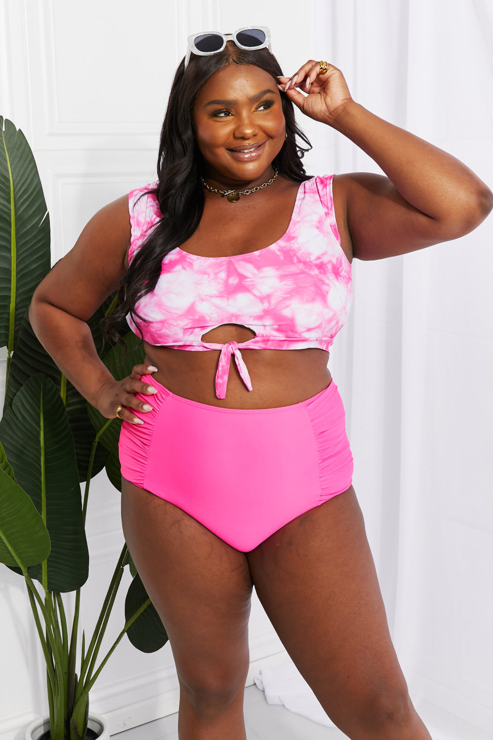 Marina West Swim Sanibel Crop Swim Top and Ruched Bottoms Set in Pink  Swimwear- Doll Fits