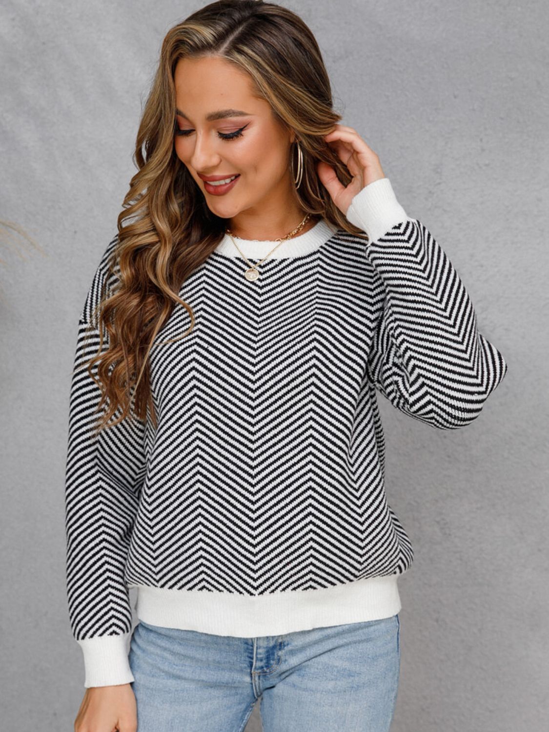 Chevron Ribbed Trim Dropped Shoulder Knit Pullover  Shirts & Tops- Doll Fits