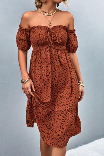 Ditsy Floral Smocked Frill Trim Off-Shoulder Dress  Dresses- Doll Fits