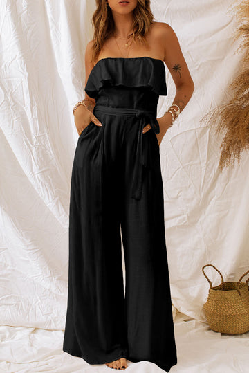 Tie-Waist Ruffled Strapless Wide Leg Jumpsuit  Jumpsuits & Rompers- Doll Fits