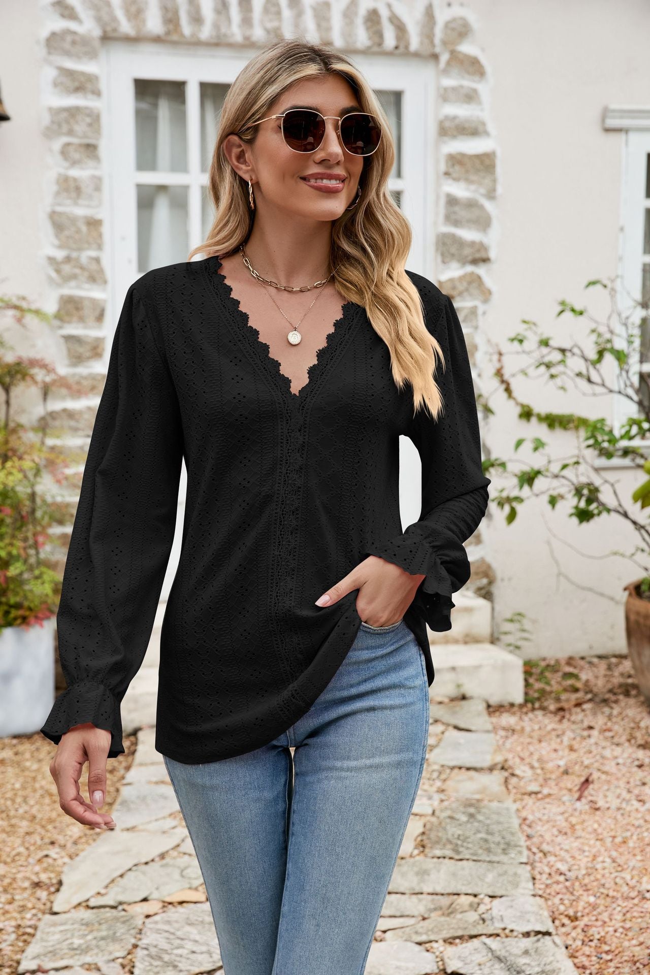 Eyelet Lace Trim Flounce Sleeve Blouse  Shirts & Tops- Doll Fits