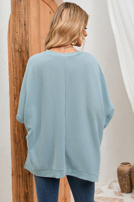 Double Take Full Size Round Neck Ribbed Slit Tunic Top  - Doll Fits