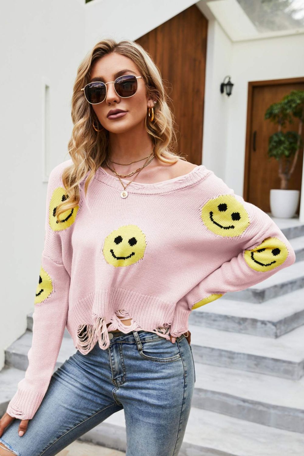 Smiley Face Distressed Round Neck Sweater  Shirts & Tops- Doll Fits