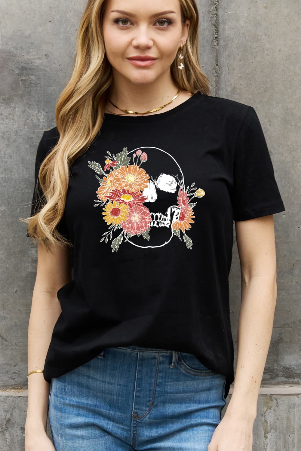 Simply Love Full Size Flower Skull Graphic Cotton Tee  Shirts & Tops- Doll Fits