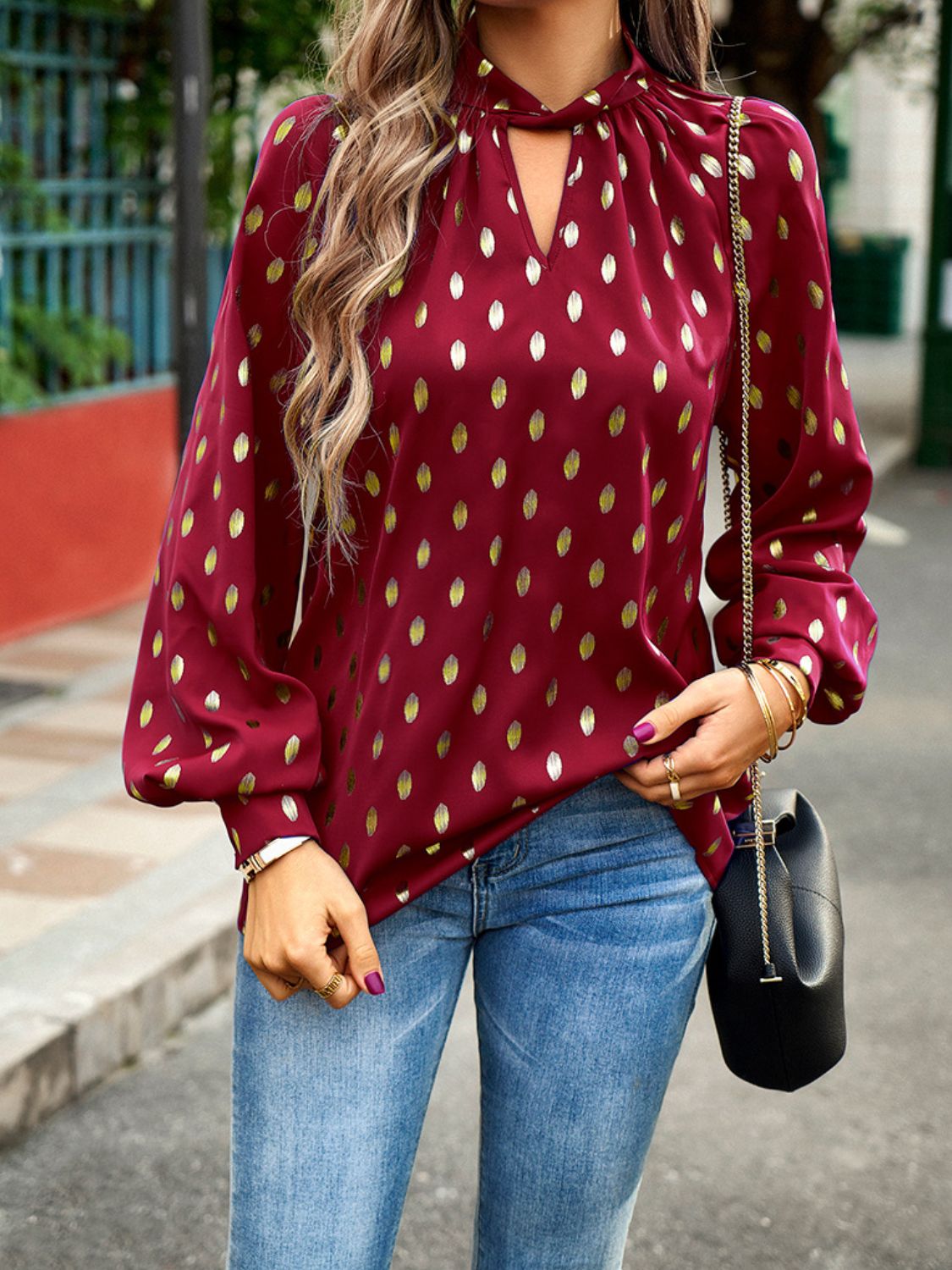 Mock Neck Cutout Lantern Sleeve Blouse  - Doll Fits