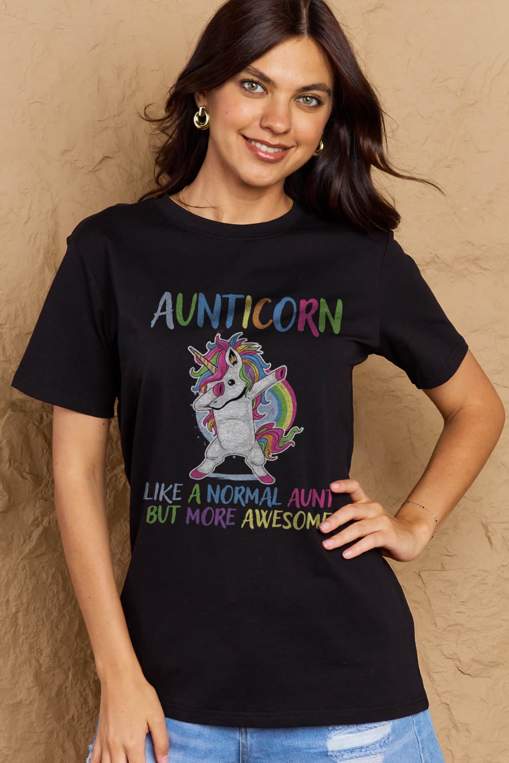 Simply Love Full Size AUNTICORN LIKE A NORMAL AUNT BUT MORE AWESOME Graphic Cotton Tee  - Doll Fits