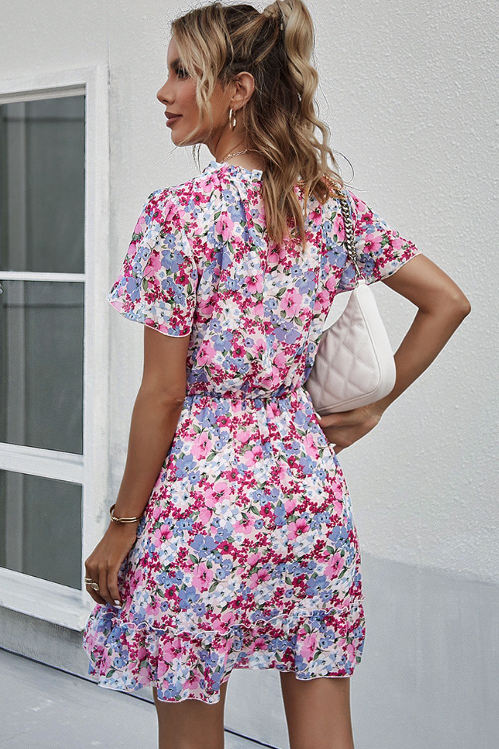 Floral Tie-Neck Flutter Sleeve Mini Dress  Dresses- Doll Fits